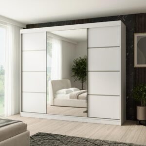 wohnli-moebel-suche-800000705634-1 SCHWEBETÜRENSCHRANK Paco 250/215/61 3-türig weiß mit Spiegel Holzwerkstoff Beautysofa Möbel > Schränke > Kleiderschränke > Schwebetürenschränke Weiß