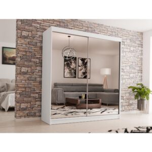 wohnli-moebel-suche-800000705646-1 SCHWEBETÜRENSCHRANK Debra 200/216/61 weiß mit Spiegel Holzwerkstoff Beautysofa Möbel > Schränke > Kleiderschränke > Schwebetürenschränke Weiß
