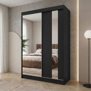 wohnli-moebel-suche-800000705813-1 SCHWEBETÜRENSCHRANK Gaja 150/216/61 schwarz mit Spiegel Holzwerkstoff Beautysofa Möbel > Schränke > Kleiderschränke > Schwebetürenschränke Schwarz