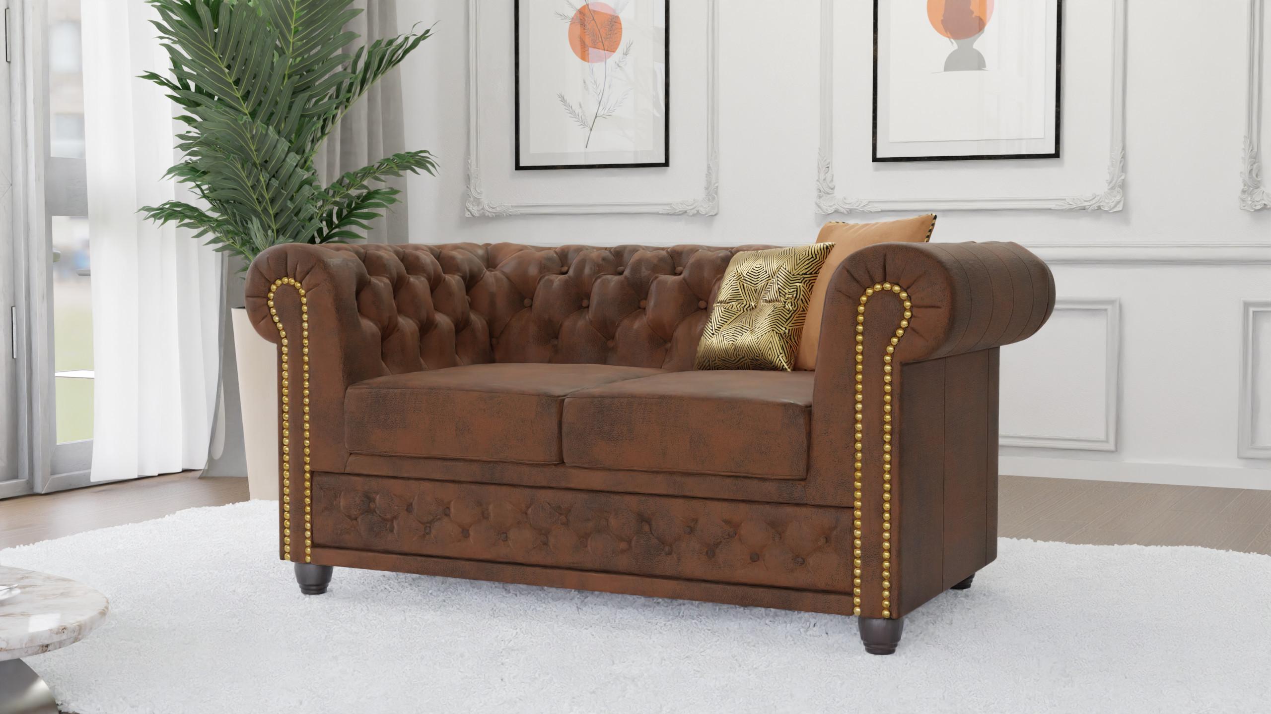 wohnli-moebel-suche-800000706127-1 CHESTERFIELD-SOFA 2-sitzer mit Schlaffunktion Flux Braun Microfaser Vintageoptik Textil S-Style Möbel Möbel > Sofas & Couches > Sofas Braun