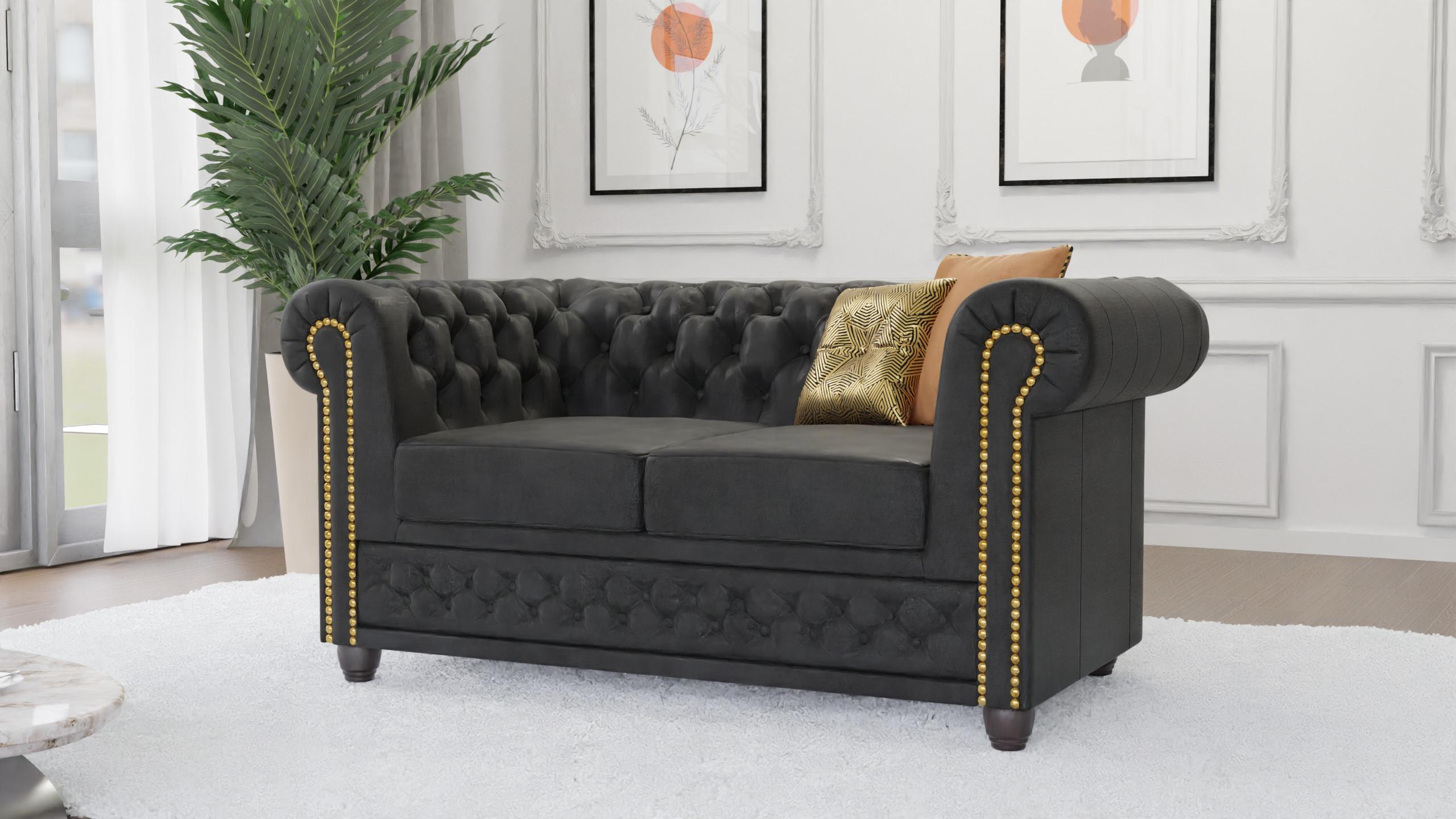 wohnli-moebel-suche-800000706131-1 CHESTERFIELD-SOFA 2-sitzer mit Schlaffunktion Flux Anthrazit Microfaser Vintageoptik Textil S-Style Möbel Möbel > Sofas & Couches > Sofas Anthrazit