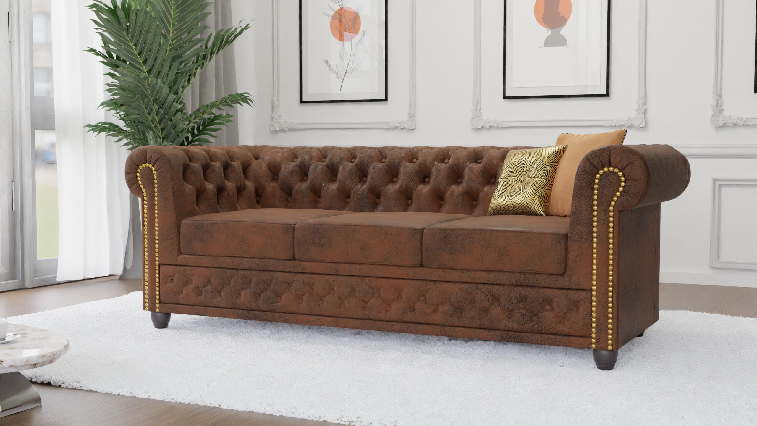 wohnli-moebel-suche-800000706132-1 CHESTERFIELD-SOFA 3-sitzer mit Schlaffunktion Flux Braun Microfaser Vintageoptik Textil S-Style Möbel Möbel > Sofas & Couches > Sofas Braun