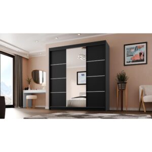 SCHWEBETÜRENSCHRANK Milo 200/215/58 3-türig schwarz mit Spiegel Holzwerkstoff Beautysofa Möbel > Schränke > Kleiderschränke > Schwebetürenschränke Schwarz