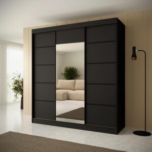 wohnli-moebel-suche-800000708126-1 SCHWEBETÜRENSCHRANK Monica 200/215/61 3-türig schwarz mit Spiegel Holzwerkstoff Beautysofa Möbel > Schränke > Kleiderschränke > Schwebetürenschränke Schwarz