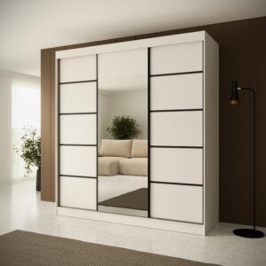 wohnli-moebel-suche-800000708128-1 SCHWEBETÜRENSCHRANK Monica 200/215/61 3-türig weiß+schwarz mit Spiegel Holzwerkstoff Beautysofa Möbel > Schränke > Kleiderschränke > Schwebetürenschränke Weiß