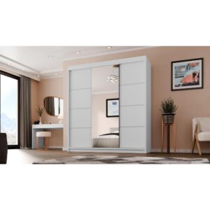 wohnli-moebel-suche-800000708129-1 SCHWEBETÜRENSCHRANK Milo 200/215/58 3-türig weiß mit Spiegel Holzwerkstoff Beautysofa Möbel > Schränke > Kleiderschränke > Schwebetürenschränke Weiß