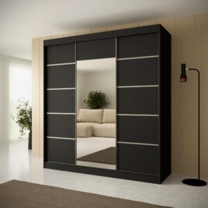 wohnli-moebel-suche-800000708130-1 SCHWEBETÜRENSCHRANK Monica 200/215/61 3-türig schwarz+silber mit Spiegel Holzwerkstoff Beautysofa Möbel > Schränke > Kleiderschränke > Schwebetürenschränke Schwarz