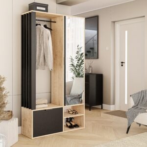 GARDEROBENSCHRANK mit Spiegel-mit Ablagen und Kleiderstange Holzwerkstoff Idohome Garderoben Braun