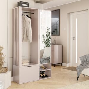 GARDEROBENSCHRANK mit Spiegel-mit Ablagen und Kleiderstange Holzwerkstoff Idohome Garderoben Beige