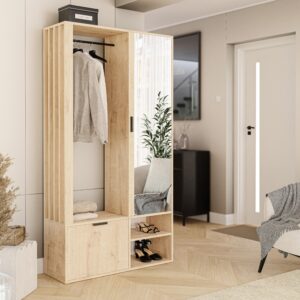 GARDEROBENSCHRANK mit Spiegel-mit Ablagen und Kleiderstange Holzwerkstoff Idohome Garderoben Braun