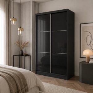 wohnli-moebel-suche-800000725466-1 SCHWEBETÜRENSCHRANK Viva 120/216/61 schwarz mit Lacobel-Glas und Schubladeneinsätze Holzwerkstoff Beautysofa Möbel > Schränke > Kleiderschränke > Schwebetürenschränke Schwarz