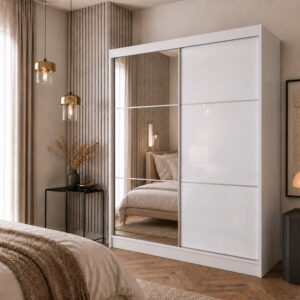 wohnli-moebel-suche-800000725487-1 SCHWEBETÜRENSCHRANK Viva 200/216/61 weiß mit Spiegel und Schubladeneinsätze Holzwerkstoff Beautysofa Möbel > Schränke > Kleiderschränke > Schwebetürenschränke Weiß