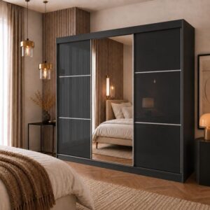 wohnli-moebel-suche-800000725490-1 SCHWEBETÜRENSCHRANK Viva 240/216/61 schwarz mit Spiegel und Schubladeneinsätze Holzwerkstoff Beautysofa Möbel > Schränke > Kleiderschränke > Schwebetürenschränke Schwarz
