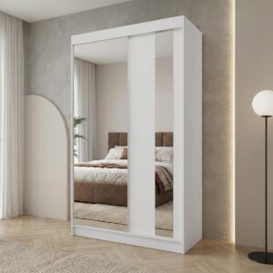 wohnli-moebel-suche-800000725498-1 SCHWEBETÜRENSCHRANK Gaja 120/216/61 weiß mit Spiegel und Schubladeneinsätze Holzwerkstoff Beautysofa Möbel > Schränke > Kleiderschränke > Schwebetürenschränke Weiß