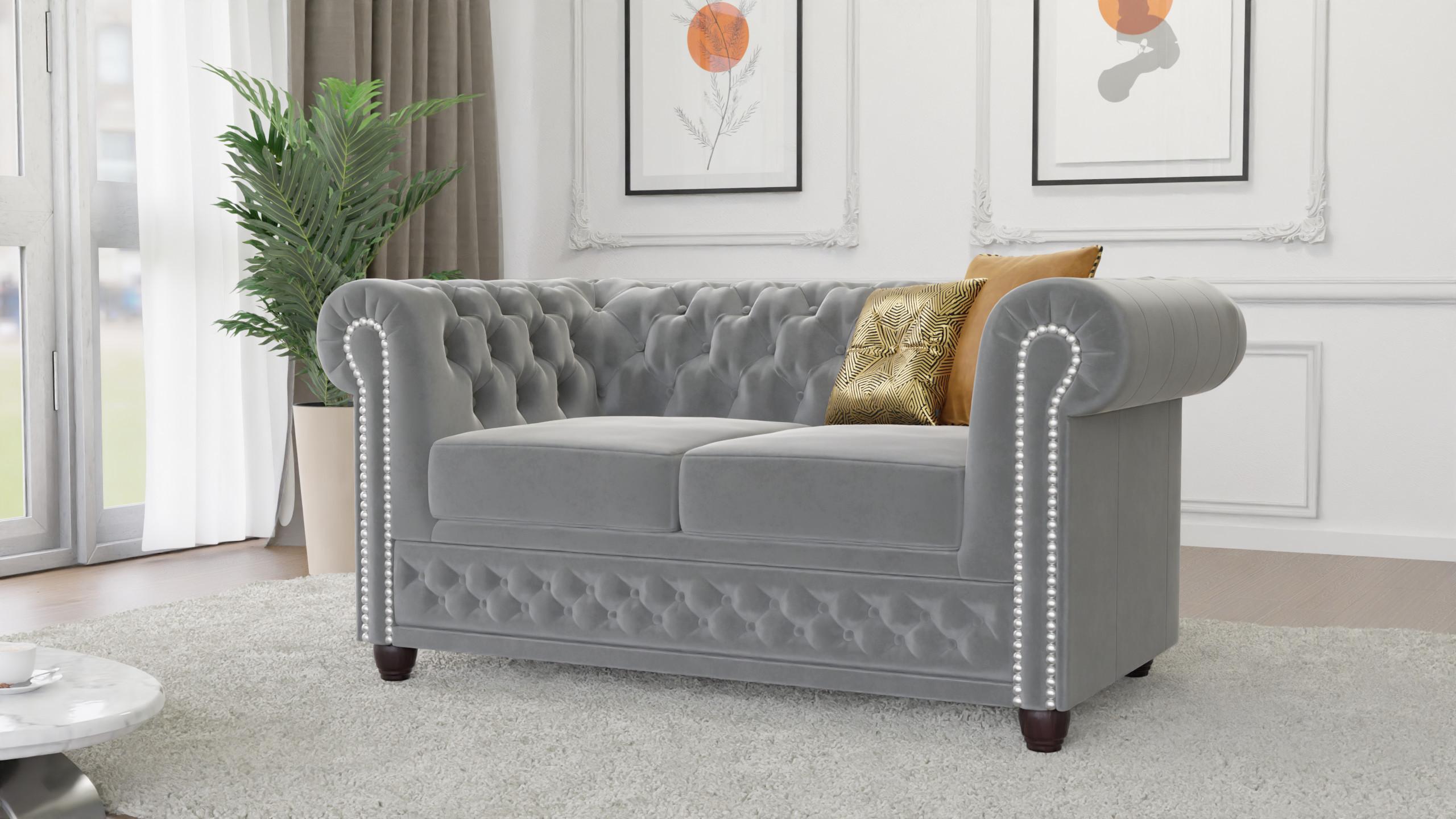 wohnli-moebel-suche-800000755710-1 CHESTERFIELD-SOFA 2-Sitzer Nyx Grau Samt Textil S-Style Möbel Möbel > Sofas & Couches > Sofas Grau