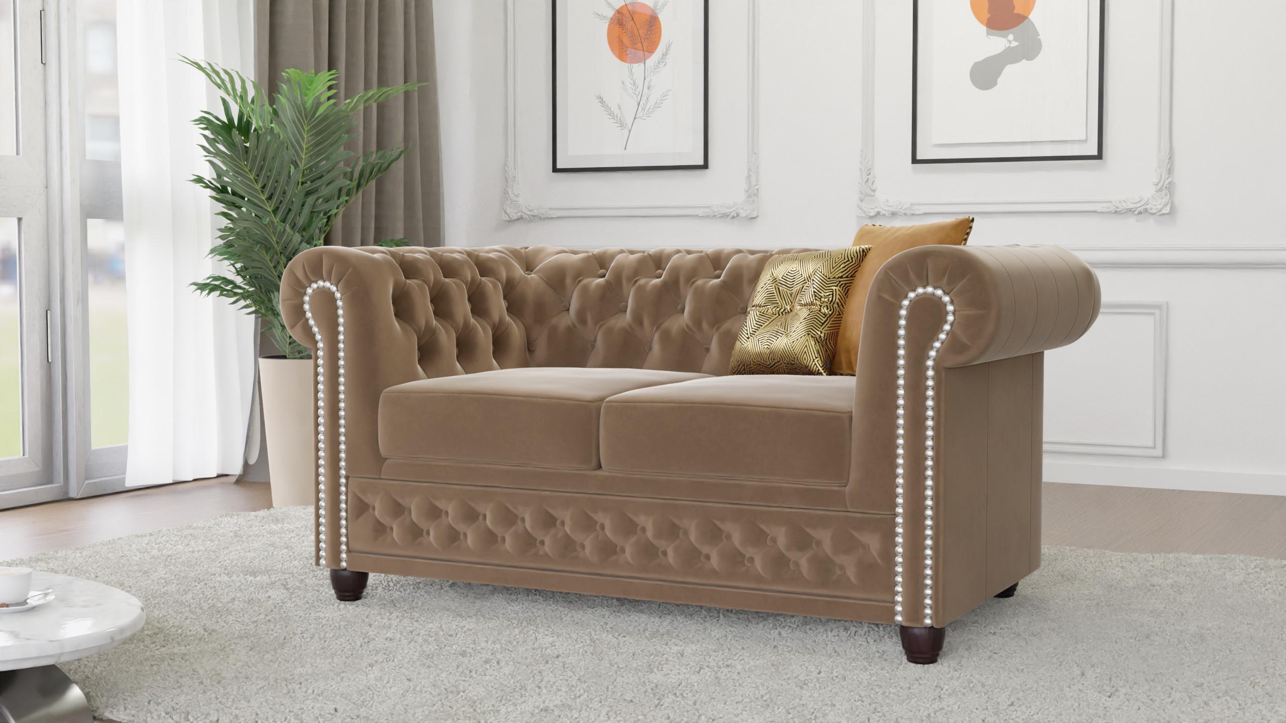 wohnli-moebel-suche-800000755711-1 CHESTERFIELD-SOFA 2-Sitzer Nyx Beige Samt Textil S-Style Möbel Möbel > Sofas & Couches > Sofas Beige
