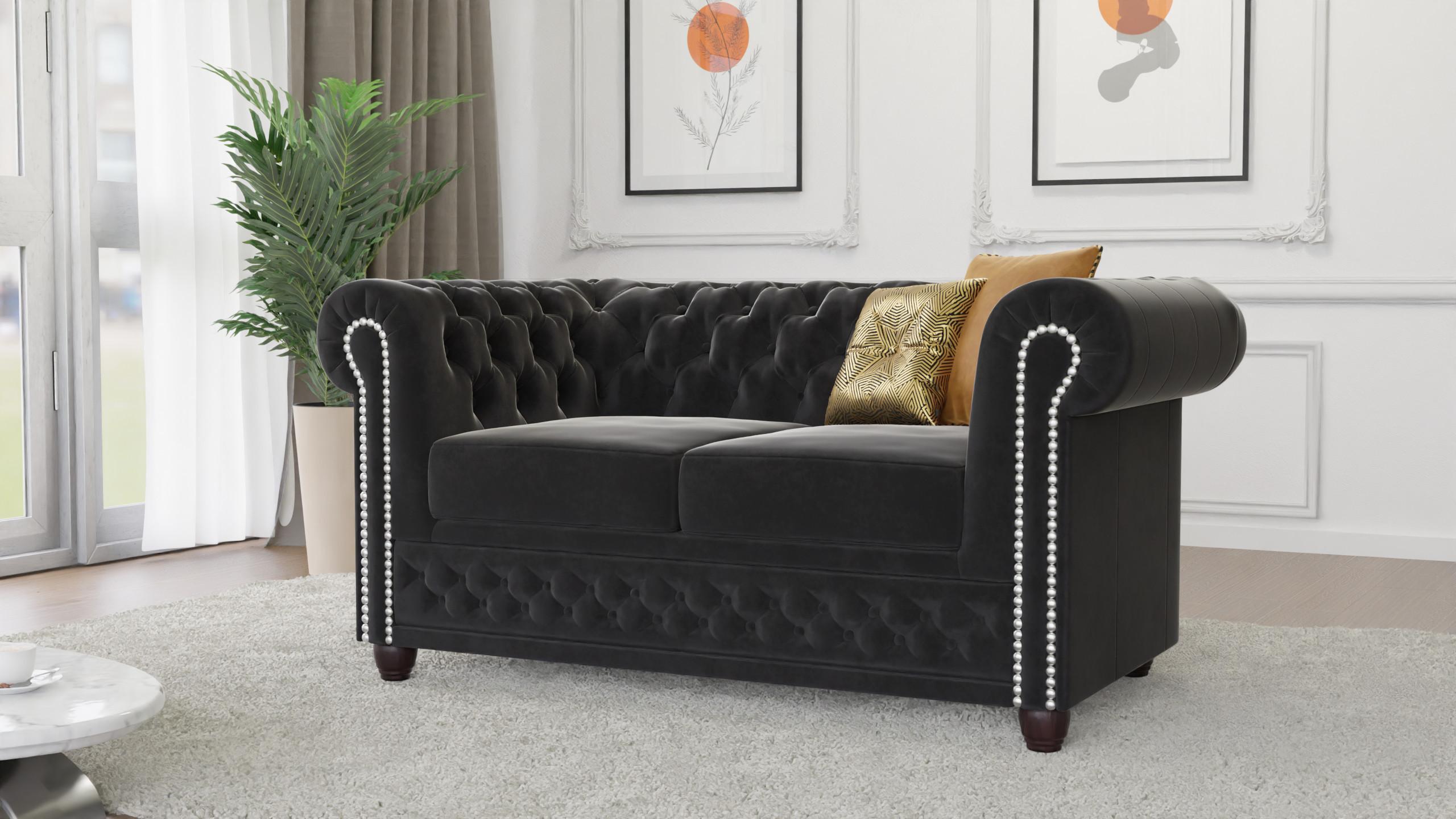 wohnli-moebel-suche-800000755712-1 CHESTERFIELD-SOFA 2-Sitzer Nyx Schwarz Samt Textil S-Style Möbel Möbel > Sofas & Couches > Sofas Schwarz