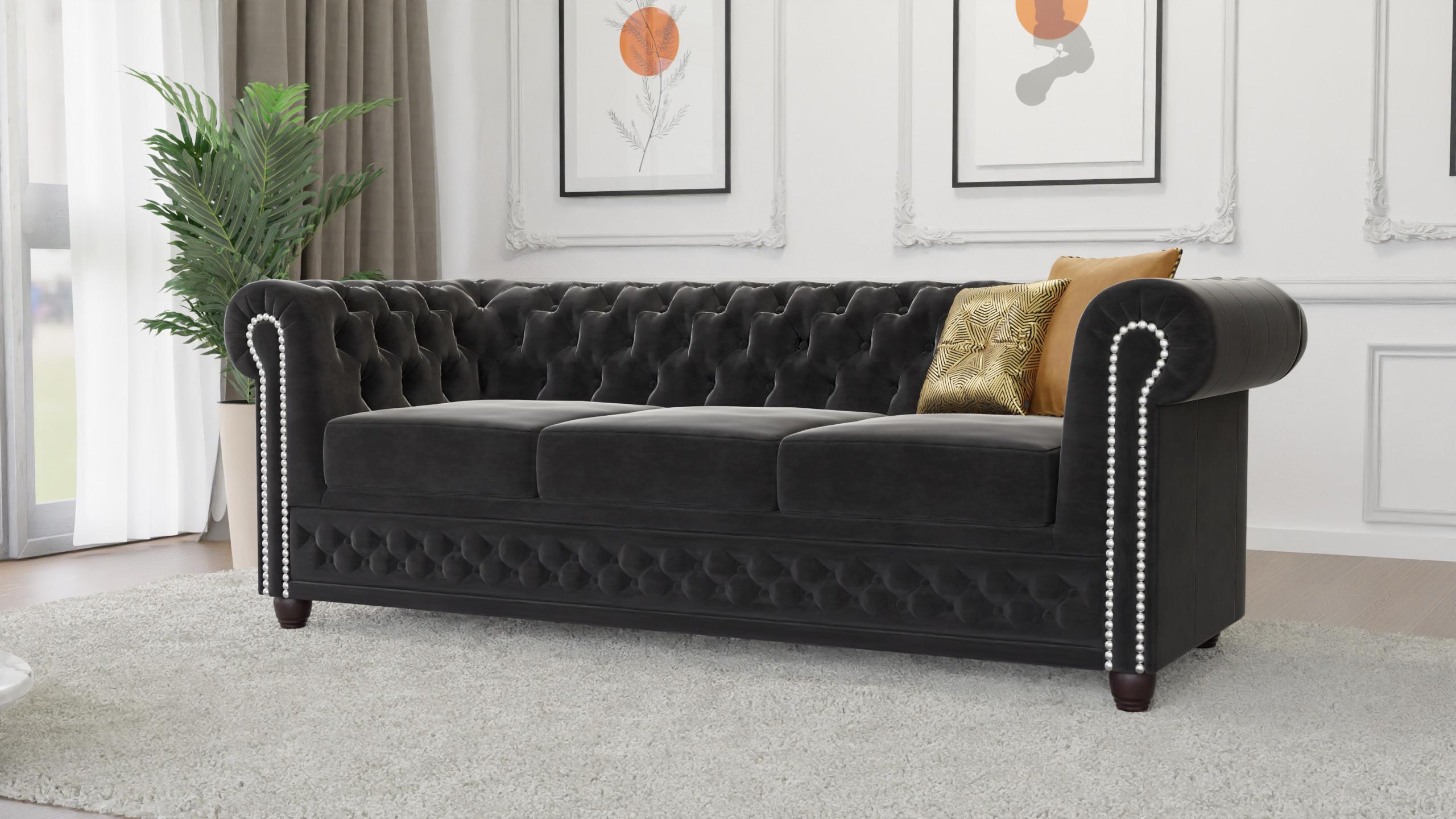 wohnli-moebel-suche-800000755785-1 CHESTERFIELD-SOFA 3-sitzer Nyx Schwarz Samt Textil S-Style Möbel Möbel > Sofas & Couches > Sofas Schwarz