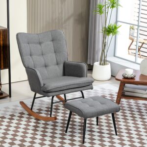 wohnli-moebel-suche-800000767225-1 SCHAUKELSTUHL Schwingsessel mit Hocker Armlehnsessel Relaxsessel mit Leinenoptik Textil HOMCOM Möbel > Sessel > Relaxsessel Grau