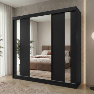 wohnli-moebel-suche-800000769749-1 SCHWEBETÜRENSCHRANK Gaja II 240/216/61 schwarz mit Spiegel und Schubladen Holzwerkstoff Beautysofa Möbel > Schränke > Kleiderschränke > Schwebetürenschränke Schwarz