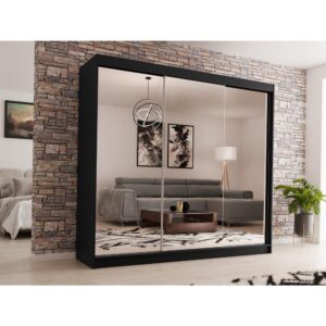 wohnli-moebel-suche-800000769780-1 SCHWEBETÜRENSCHRANK Debra II 240/216/61 schwarz mit Spiegel und Schubladen Holzwerkstoff Beautysofa Möbel > Schränke > Kleiderschränke > Schwebetürenschränke Schwarz
