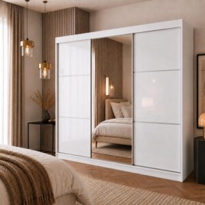 wohnli-moebel-suche-800000769781-1 SCHWEBETÜRENSCHRANK Viva II 240/216/61 weiß mit Spiegel und Schubladen Holzwerkstoff Beautysofa Möbel > Schränke > Kleiderschränke > Schwebetürenschränke Weiß