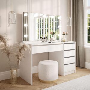 wohnli-moebel-suche-800000775568-1 SCHMINKTISCH MADA ELITE Weiß / Weiß mit Spiegel und Beleuchtung Holzwerkstoff Lookway Möbel > Tische > Schminktische Weiß