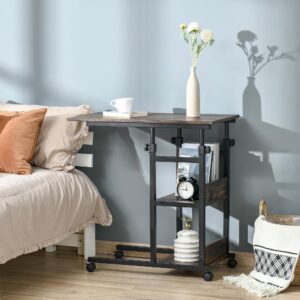 wohnli-moebel-suche-800000791060-1 BEISTELLTISCH Couchtisch mit Rollen höhenverstellbar 2 untere Regale Esszimmer Kunststoff HOMCOM Möbel > Tische > Beistelltische Braun