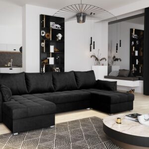 WOHNLANDSCHAFT NAKO M Schwarz Velours-Stoff mit Schlaffunktion Textil MASSENO Möbel > Sofas & Couches > Wohnlandschaften > Wohnlandschaften U-Form Schwarz