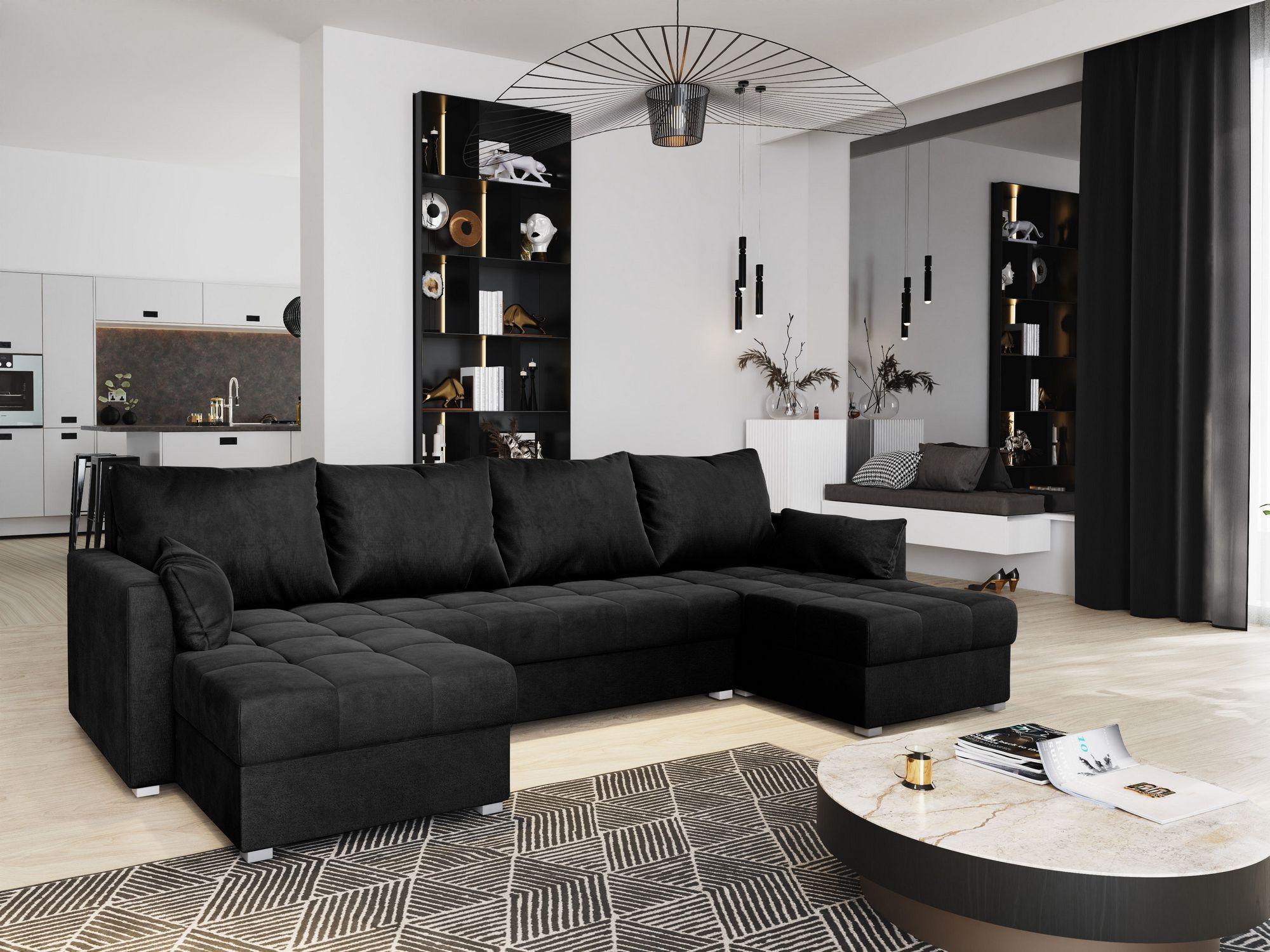 WOHNLANDSCHAFT NAKO M Schwarz Velours-Stoff mit Schlaffunktion Textil MASSENO Möbel > Sofas & Couches > Wohnlandschaften > Wohnlandschaften U-Form Schwarz