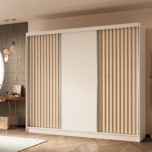 wohnli-moebel-suche-800000817125-1 SCHWEBETÜRENSCHRANK Helios II 240/216/61 weiß+eiche Artisan mit Schubladen Holzwerkstoff Beautysofa Möbel > Schränke > Kleiderschränke > Schwebetürenschränke Weiß