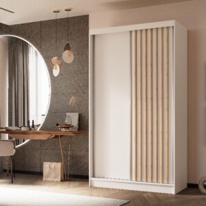 wohnli-moebel-suche-800000817243-1 SCHWEBETÜRENSCHRANK Helios II 120/216/61 weiß+eiche Artisan mit Schubladen Holzwerkstoff Beautysofa Möbel > Schränke > Kleiderschränke > Schwebetürenschränke Weiß