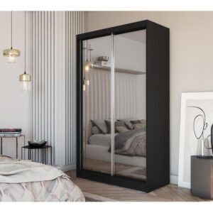 wohnli-moebel-suche-800000817315-1 SCHWEBETÜRENSCHRANK Debra II 120/216/61 schwarz mit Spiegel und Schubladen Holzwerkstoff Beautysofa Möbel > Schränke > Kleiderschränke > Schwebetürenschränke Schwarz