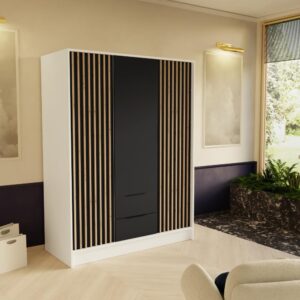 wohnli-moebel-suche-800000822238-1 DREHTÜRENSCHRANK Nero 150/51/200 cm mit Lamellen weiß+schwarz Holzwerkstoff Beautysofa Möbel > Schränke > Kleiderschränke > Drehtürenschränke Weiß