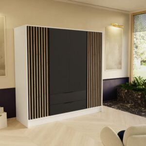 wohnli-moebel-suche-800000822311-1 DREHTÜRENSCHRANK Nero 200/51/200 cm mit Lamellen weiß+schwarz Holzwerkstoff Beautysofa Möbel > Schränke > Kleiderschränke > Drehtürenschränke Weiß