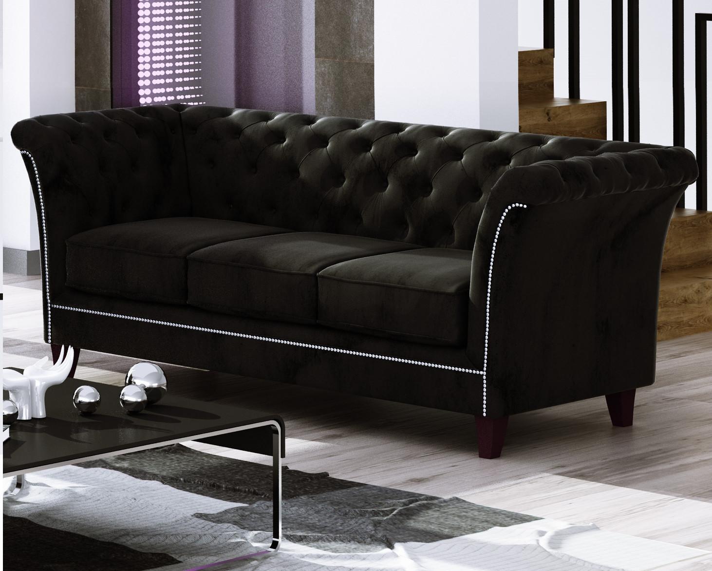 wohnli-moebel-suche-800000832888-1 CHESTERFIELD-SOFA 3-Sitzer Fusion Schwarz Samt Textil S-Style Möbel Möbel > Sofas & Couches > Sofas Schwarz