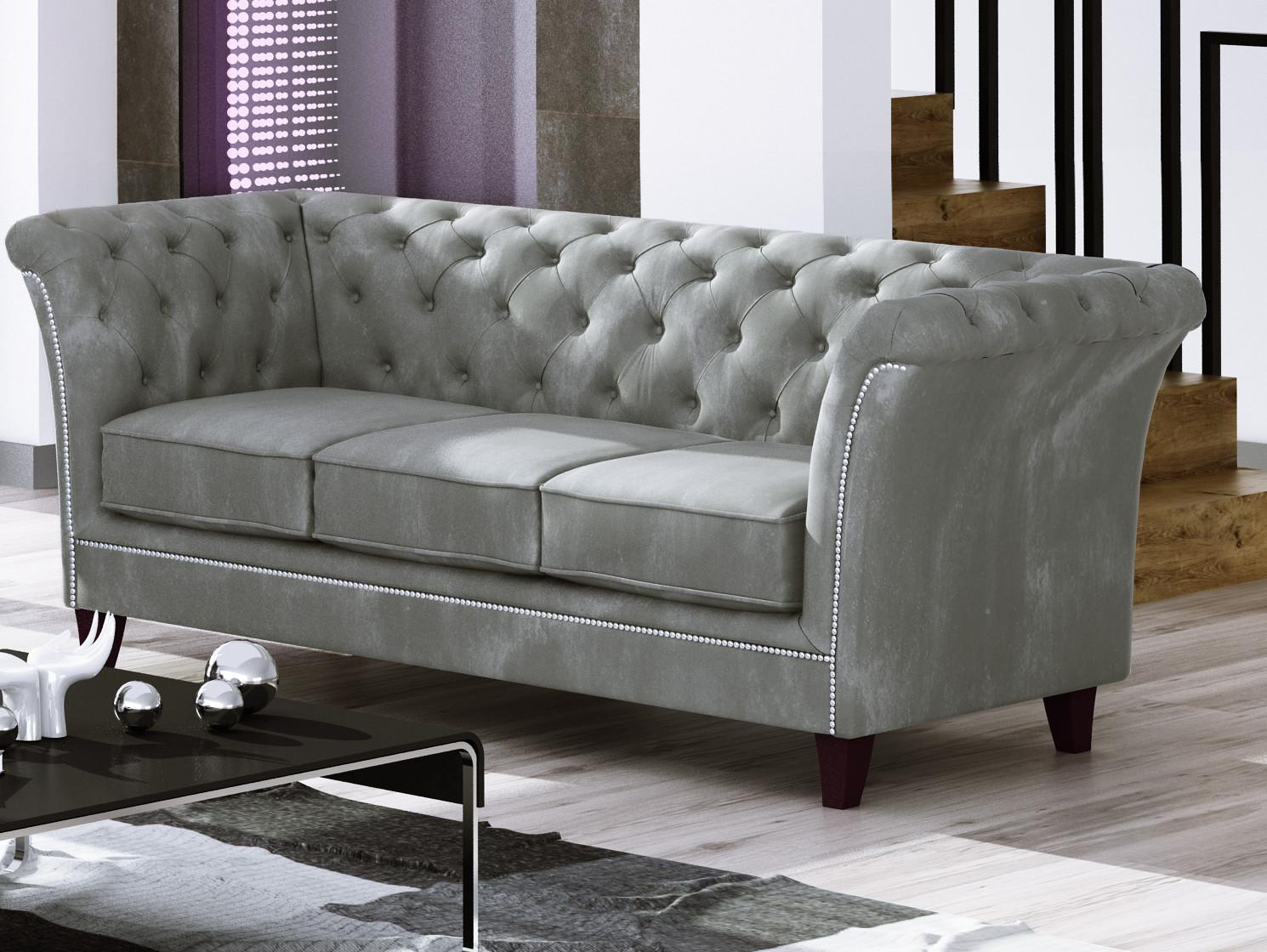wohnli-moebel-suche-800000832895-1 CHESTERFIELD-SOFA 3-Sitzer Fusion Grau Samt Textil S-Style Möbel Möbel > Sofas & Couches > Sofas Grau