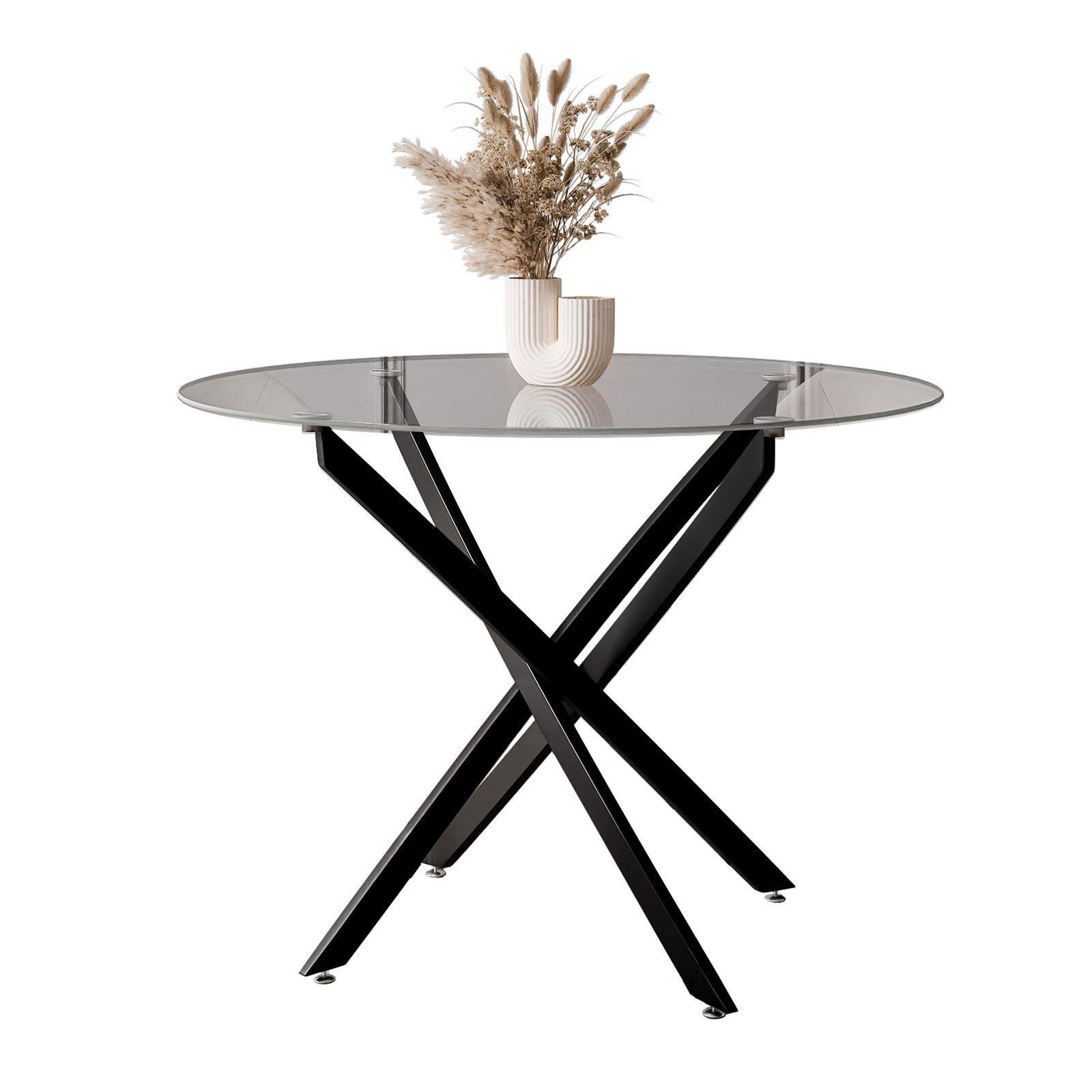 Wohnli Möbelsuche - ESSTISCH BEIRA Runder Tisch 90 cm mit Glasplatte und Schwarz Tischbeine