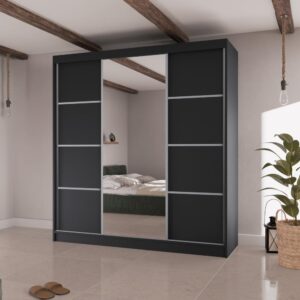 wohnli-moebel-suche-800000837719-1 SCHWEBETÜRENSCHRANK Vilo II 200/61/215 schwarz+silber Holzwerkstoff Beautysofa Möbel > Schränke > Kleiderschränke > Schwebetürenschränke Schwarz