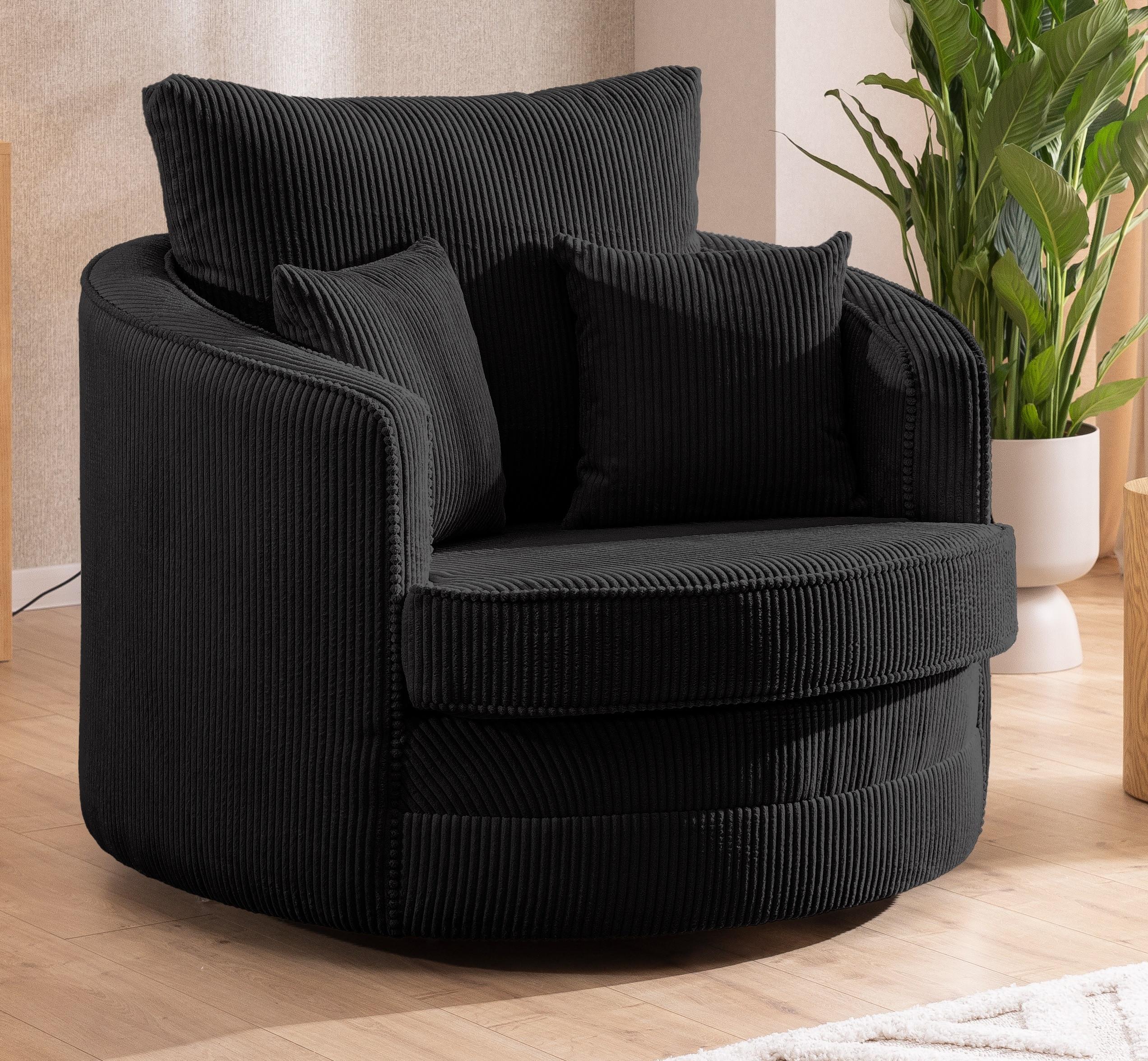 wohnli-moebel-suche-800000840781-1 DREHSESSEL Ted aus Schwarz Cord-Stoff Textil S-Style Möbel Möbel > Sessel > Polstersessel Schwarz