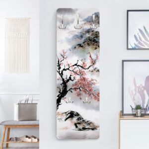 wohnli-moebel-suche-800000846898-1 WANDGARDEROBE - Japanische Aquarell Zeichnung Kirschbaum und Berge 34/105 cm Holzwerkstoff Bilderwelten Garderoben > Garderobenhaken Grau
