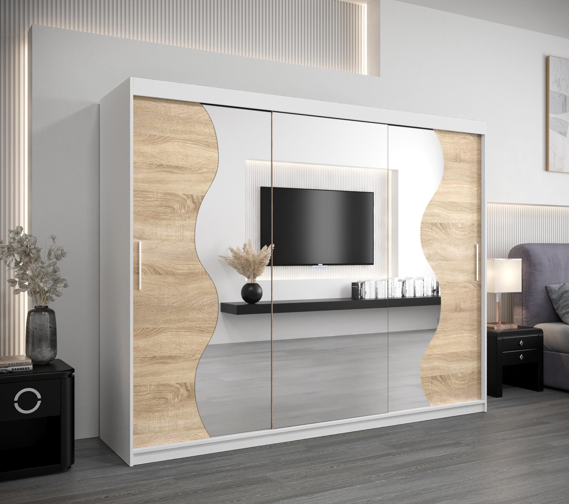 SCHWEBETÜRENSCHRANK 200/250/62 3-türig Holz MÖBEL KRYSPOL Möbel > Schränke > Kleiderschränke > Schwebetürenschränke Weiß