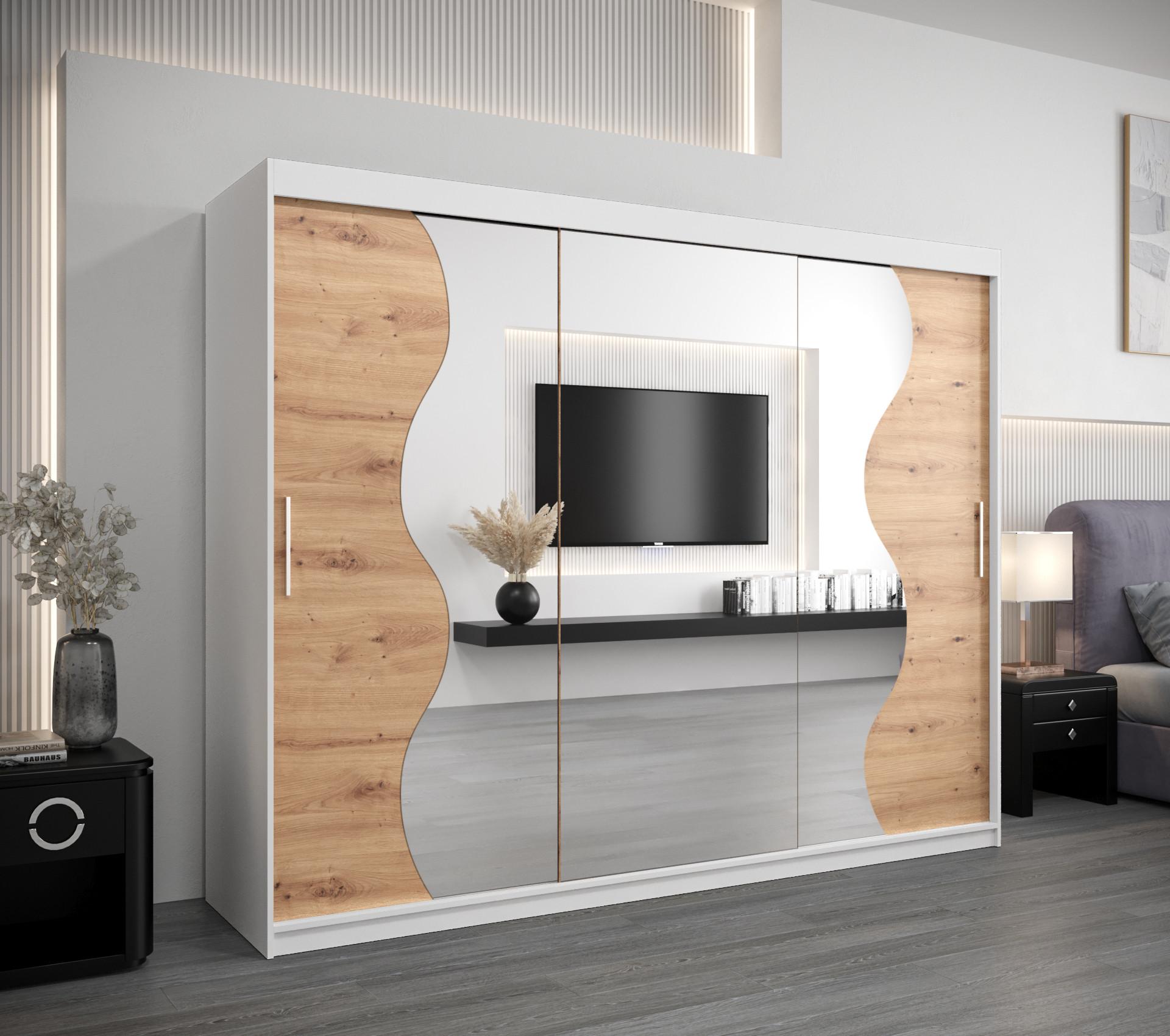 SCHWEBETÜRENSCHRANK 200/250/62 3-türig Holz MÖBEL KRYSPOL Möbel > Schränke > Kleiderschränke > Schwebetürenschränke Weiß