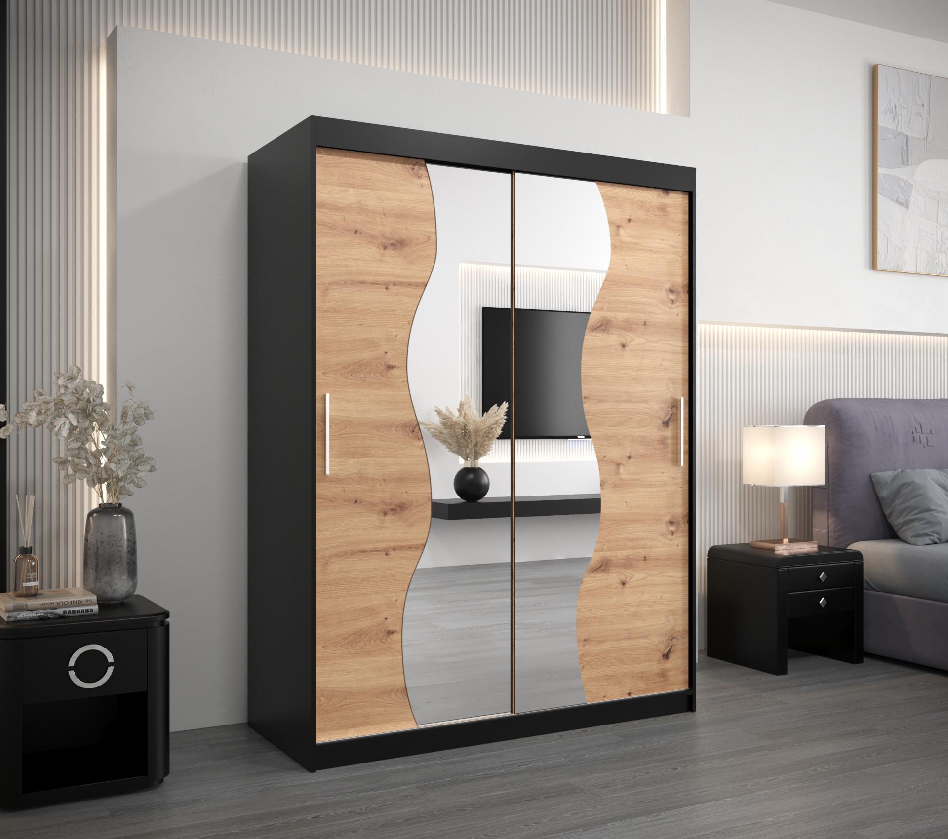 SCHWEBETÜRENSCHRANK 200/150/62 2-türig Holz MÖBEL KRYSPOL Möbel > Schränke > Kleiderschränke > Schwebetürenschränke Schwarz