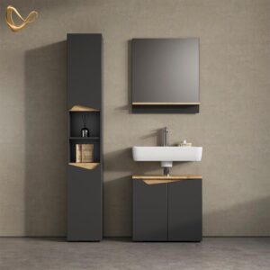 BADSPIEGEL Timavo Anthrazit 60 x 67 cm mit Regal Holzwerkstoff Livinity® Spiegel Anthrazit