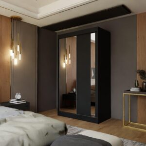 wohnli-moebel-suche-800000909310-1 SCHWEBETÜRENSCHRANK GRAZIA 120/216/61 cm 2-türig mit Spiegel Schwarz Holzwerkstoff MASSENO Möbel > Schränke > Kleiderschränke > Schwebetürenschränke Schwarz