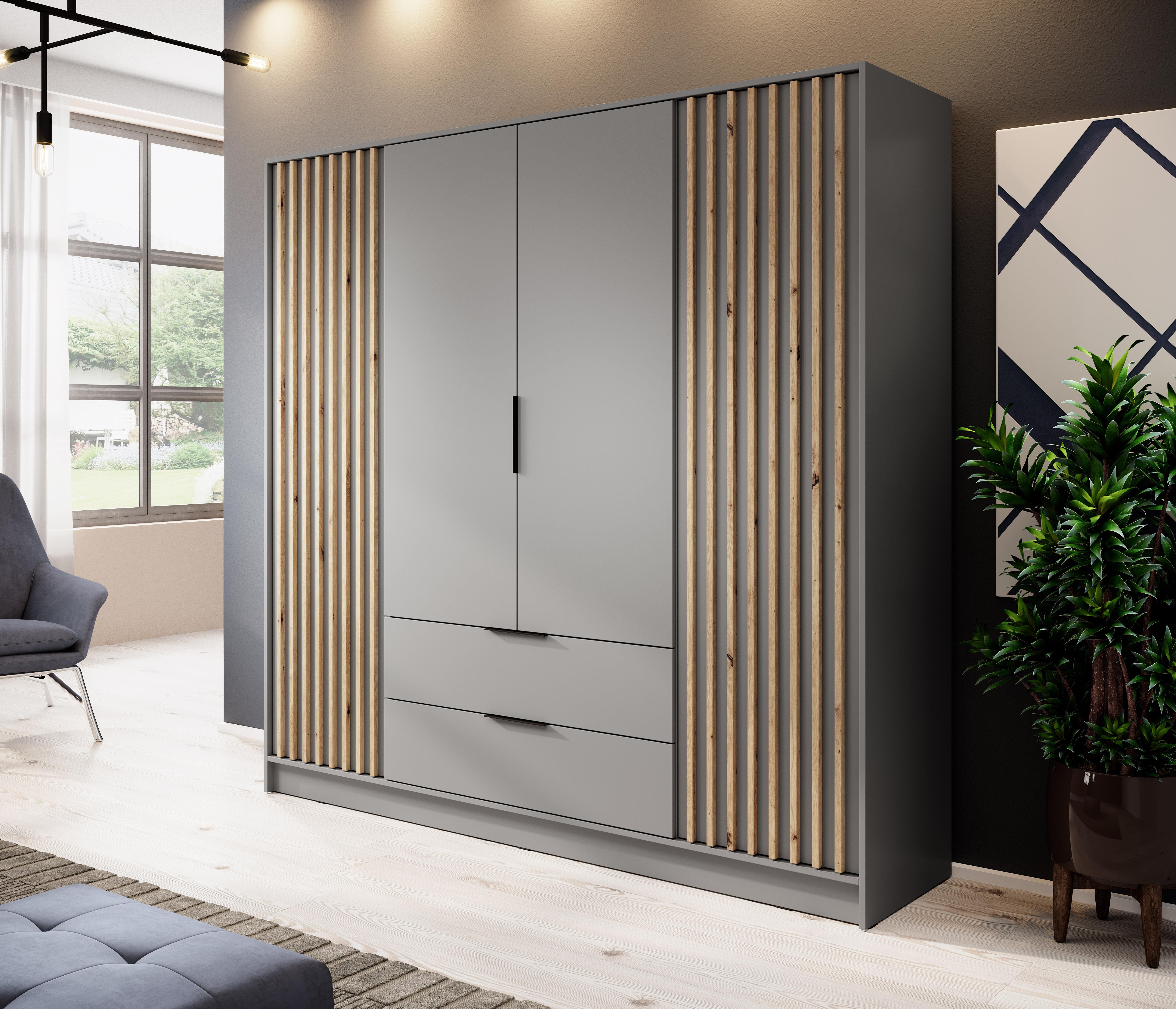 wohnli-moebel-suche-800000909324-1 DREHTÜRENSCHRANK NELIANA 206/200/51 cm 4-türig Grau Holzwerkstoff MASSENO Möbel > Schränke > Kleiderschränke > Drehtürenschränke Grau