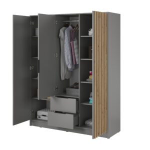 wohnli-moebel-suche-800000909344-1 DREHTÜRENSCHRANK NELIANA 155/200/51 cm 3-türig Grau Holzwerkstoff MASSENO Möbel > Schränke > Kleiderschränke > Drehtürenschränke Grau