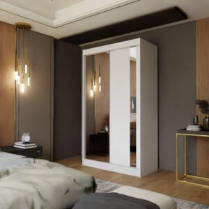 wohnli-moebel-suche-800000909356-1 SCHWEBETÜRENSCHRANK GRAZIA 120/216/61 cm 2-türig mit Spiegel Weiß Holzwerkstoff MASSENO Möbel > Schränke > Kleiderschränke > Schwebetürenschränke Weiß