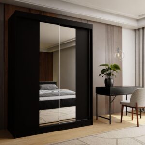 wohnli-moebel-suche-800000909366-1 SCHWEBETÜRENSCHRANK LUCENZA 150/216/61 cm 2-türig mit Spiegel Schwarz Holzwerkstoff MASSENO Möbel > Schränke > Kleiderschränke > Schwebetürenschränke Schwarz
